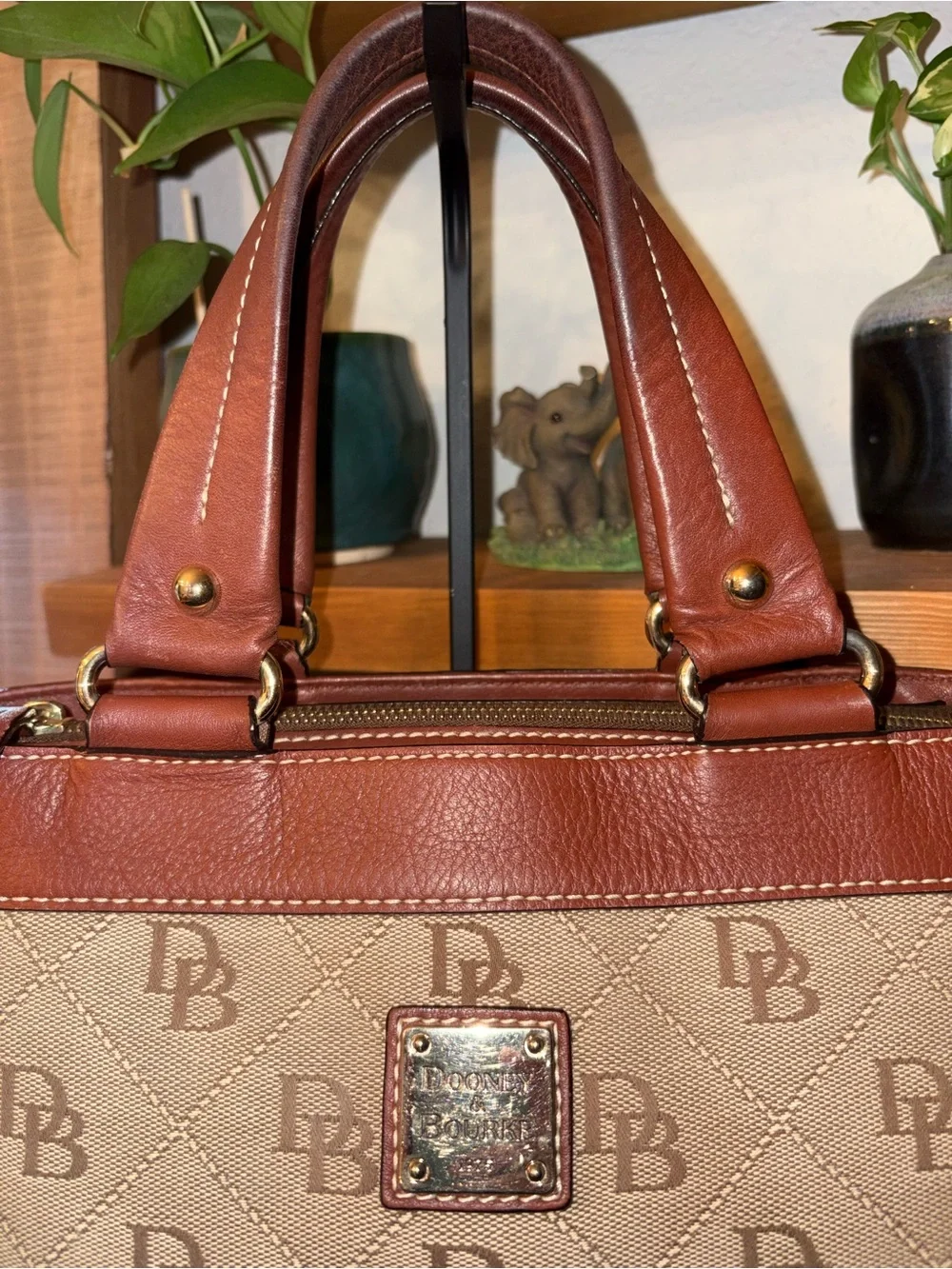 Dooney & Bourke Signature DB Monogram Satchel | British Tan | Zip Top